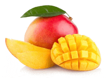 a whole mango next to a sliced mango with a green leaf on it