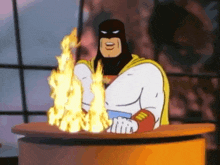 a cartoon superhero is holding a fireball in his hand