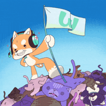 a cartoon of a dog with headphones holding a flag with the letter w on it
