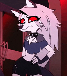 a cartoon character with long white hair and red eyes is standing with her hands on her hips .