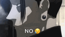 a close up of a man 's face with a sad face and the words `` no '' written on it .