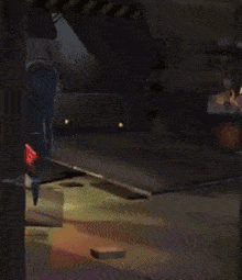 a blue robot is standing on a tiled floor in a dark room