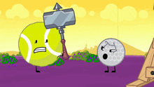a tennis ball is holding a hammer next to a golf ball with a sad face