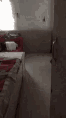 a living room with a red couch and a white refrigerator .