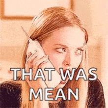 a woman is talking on a cell phone with the words `` that was mean '' written below her .