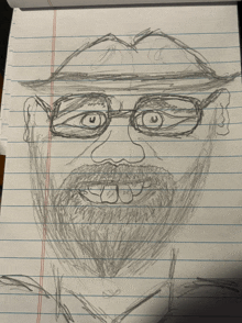 a pencil drawing of a man with glasses and a hat