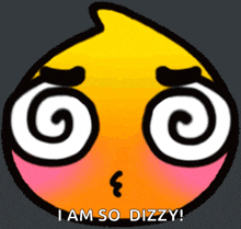 a cartoon face with a swirl in the eyes and the words i am so dizzy