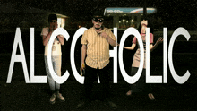 a group of people standing in front of a gas station that says alcoholic on it