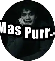 a black and white photo of a young man with the words mas purr written above him
