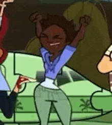 a cartoon of a woman raising her arms in the air while standing next to a man .