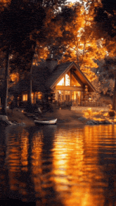 a cabin sits on the shore of a lake
