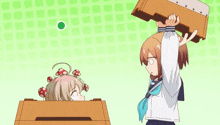 a girl with mushrooms on her head stands next to a girl holding a box on her head