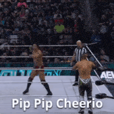 two wrestlers in a ring with the words pip pip cheerio on the bottom