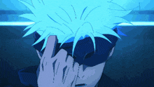 a cartoon character with a blue hair covering his face