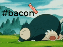 a cartoon of a snorlax sleeping with a bacon sticking out of its nose