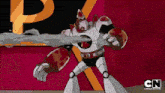 a cartoon character is holding a sword in front of a sign that says cn