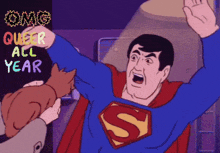 a cartoon of superman with the words " queer all year " above him
