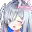 a close up of a girl 's face with long white hair and a pink bow on her head .