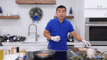 a man in a blue shirt is cooking in a pan in a kitchen made in animotica