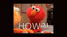 elmo from sesame street is sitting next to a cookie and asking how ?
