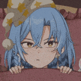a drawing of a girl with blue hair wearing a hat