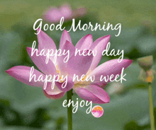 a pink flower with the words good morning happy new day happy new week enjoy on it