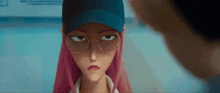 a cartoon girl with pink hair and glasses is wearing a baseball cap