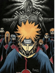 a group of anime characters are standing in a dark room and one of them has a bandage on his head that says pain