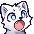 a cartoon of a white cat with blue eyes and a surprised look on its face .