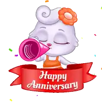 a cartoon rabbit is blowing a horn with the words happy anniversary behind her