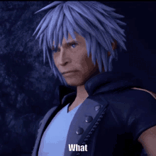 a video game character with a white shirt and blue hair says what on the bottom