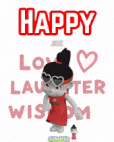a cartoon girl is standing in front of a sign that says happy love laughter and wisdom