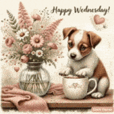 a brown and white puppy is sitting next to a cup of coffee and a vase of flowers ..