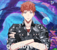 a man with red hair is standing with his arms crossed and the words goodbye chat behind him