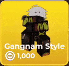 a yellow button with a cartoon character and the words gangnam style on it