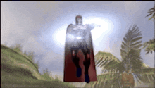 a man in a cape is flying through the air in a video game