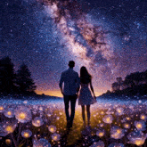 a man and a woman are standing in a field of flowers looking at the stars