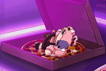 a cartoon character is laying on top of a pizza in a box
