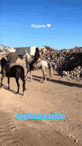 people riding horses on a dirt road with the word elegante on the top