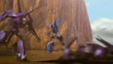 a purple robot is fighting another robot in front of a mountain .