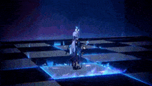 a person is standing in a dark room with a blue light coming out of it