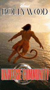 a poster for bollywood universe community with a monkey flying over the ocean