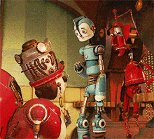 two cartoon robots are standing next to each other with one wearing a hat that says ' i love you '