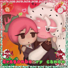 a picture of dragonberry canon with a strawberry and dragon fruit background