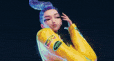 a cartoon girl with blue hair is wearing a yellow jacket with a patch that says petite noire