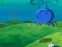 a cartoon of spongebob and a blue octopus