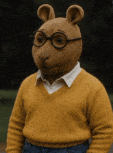 a stuffed animal wearing a yellow sweater and glasses