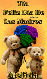 a teddy bear holding a bouquet of roses says tia feliz dia de las madres on it