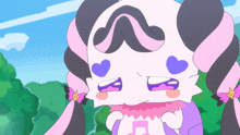 a cartoon character with hearts on her face and a letter h on her chest