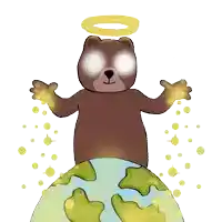 a cartoon of a bear with a halo on its head standing on a globe